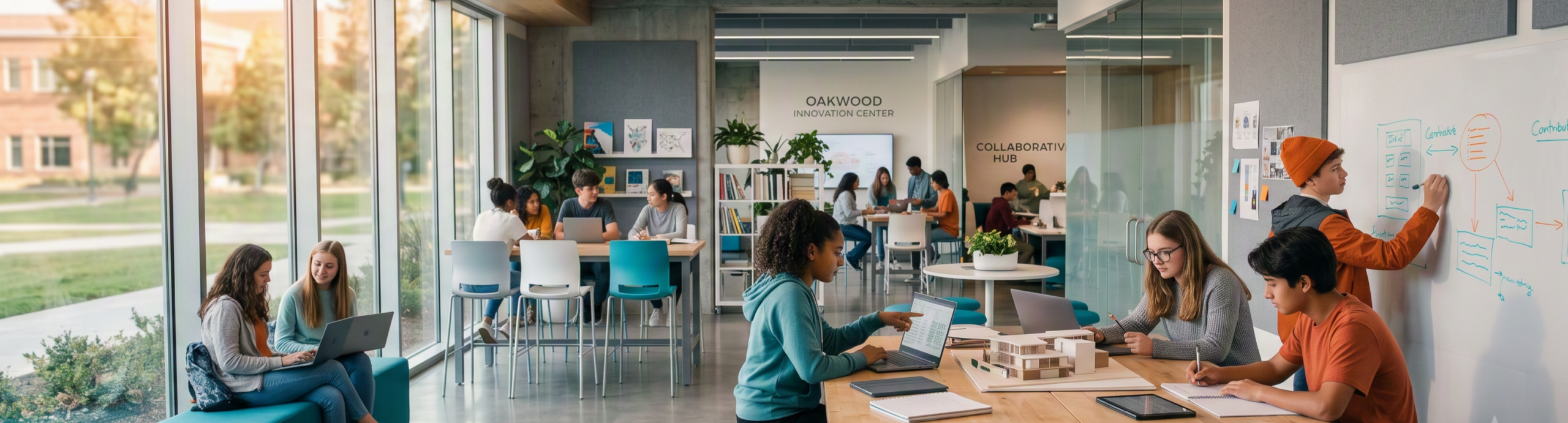 Modern, open educational workspace with secondary students collaborating at orange tables on self-directed frameworks.